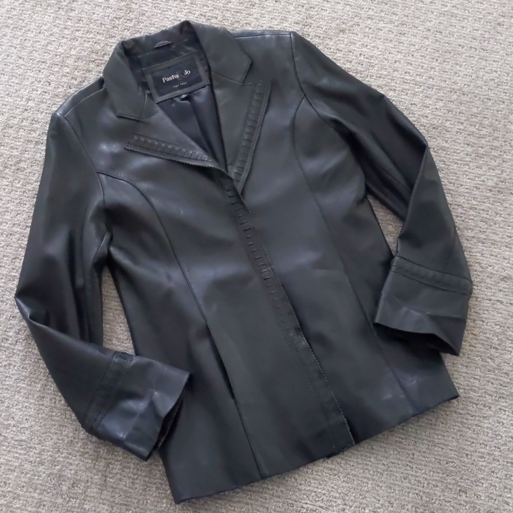 Incredible Vtg Pasha & Jo Y2K/Mob Wife Black Braided Trim Leather Jacket…